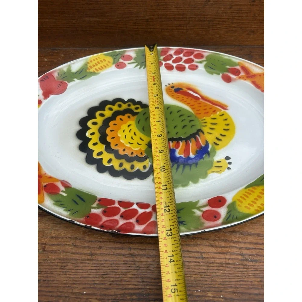 Enamelware Metal Turkey Serving Platter Tray Thanksgiving Veggies 17 3/4x 13 1/4